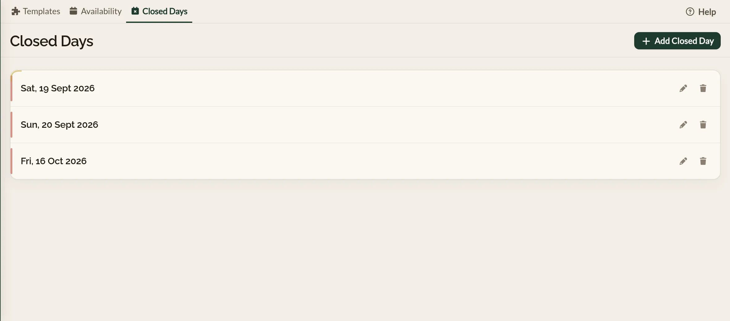 The Closed Days tab of Availability in the Make a Rezzy management app, listing the dates a restaurant is shut so no bookings can be made on them