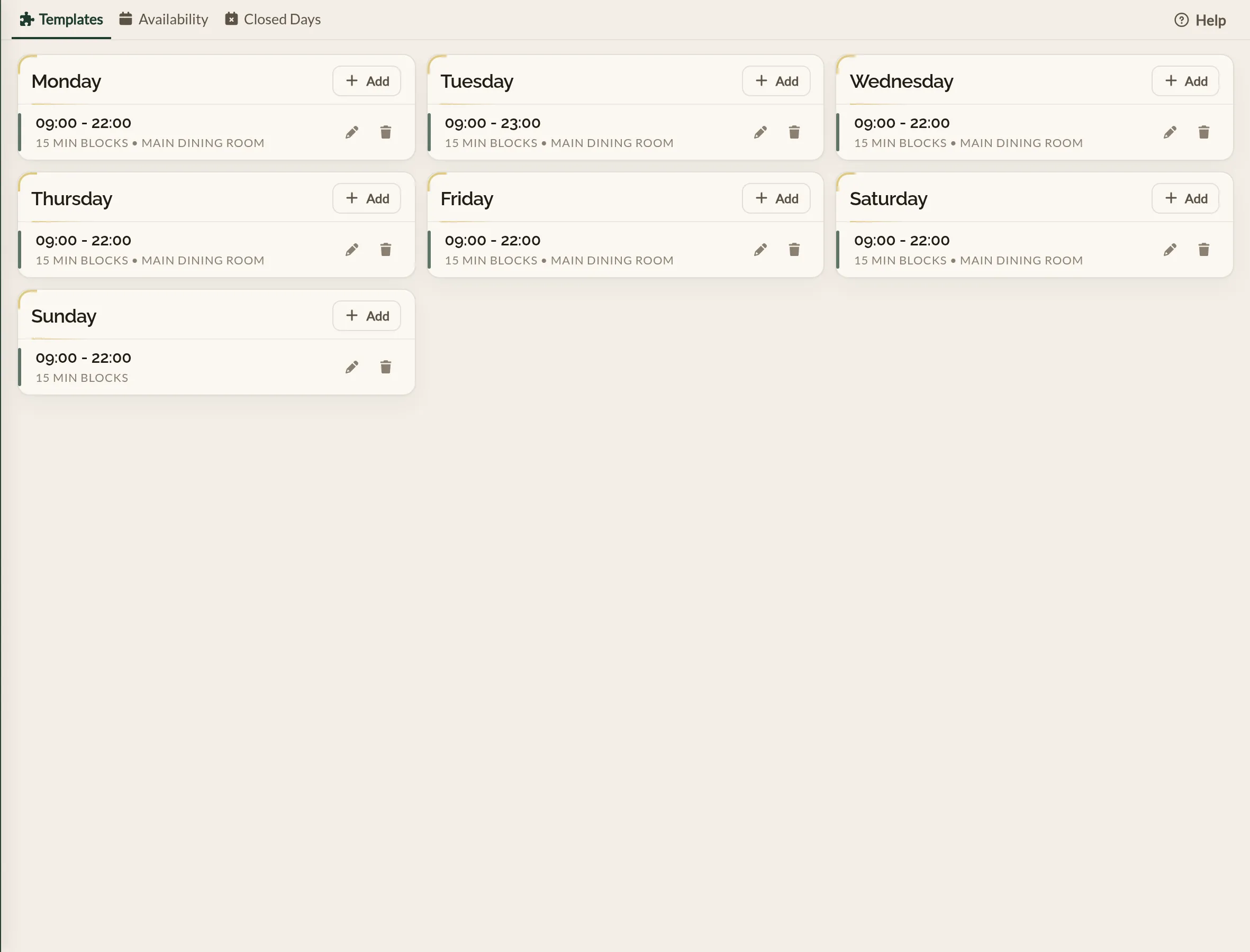 The Templates tab of Availability in the Make a Rezzy management app, showing a card for each day of the week with its opening hours, the length of the booking blocks, and the floor plan the hours apply to