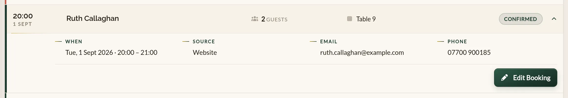 A booking row expanded in the Make a Rezzy Bookings list, showing the booking's time, source, contact details and special requests, with an Edit Booking button