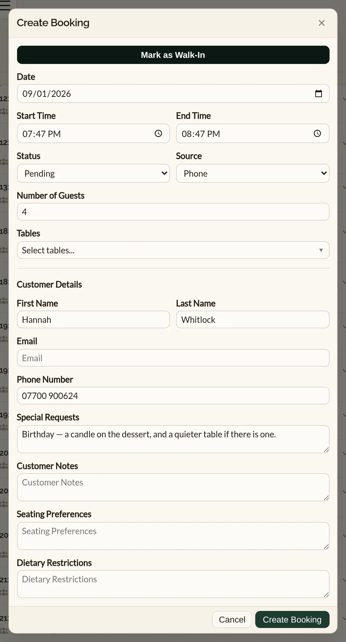 The Create Booking form in the Make a Rezzy management app, filled in for a phone booking with the date, times, party size, guest name and phone number, and a special request