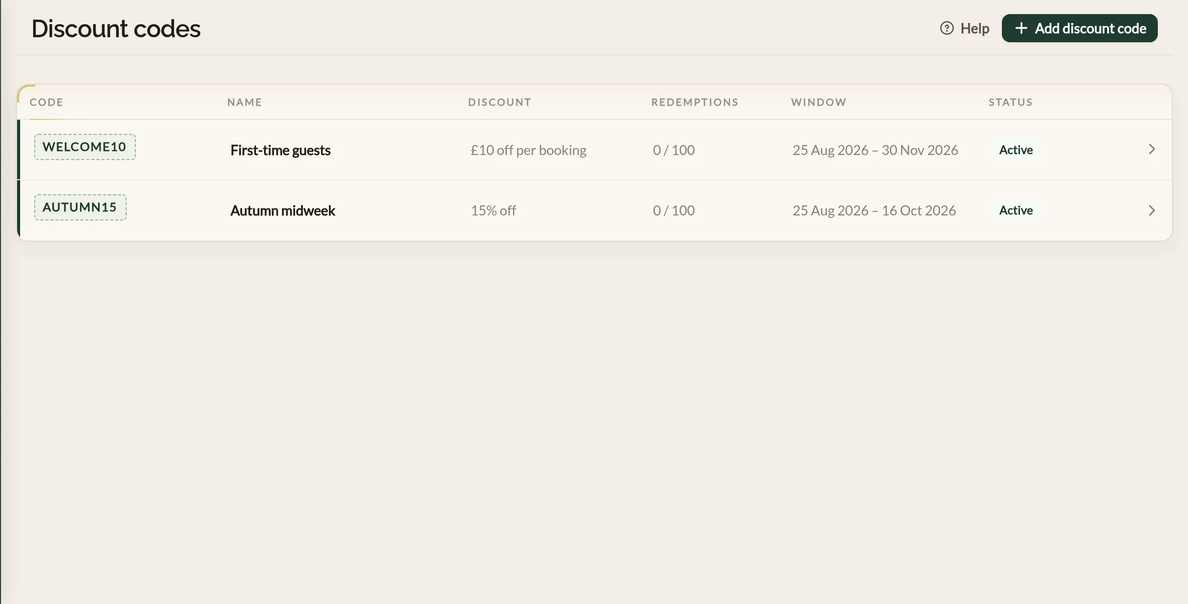 The Discount codes screen in the Make a Rezzy management app, listing a percentage code and a fixed-amount code with the dates they run between and how many times each may be used