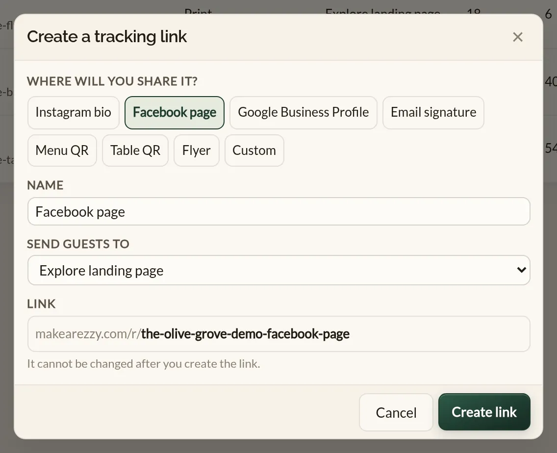 The Create a tracking link window in the Make a Rezzy management app, with Facebook page chosen as where the link will be shared, a name filled in, a choice of where to send guests, and the short link filled in ready to create