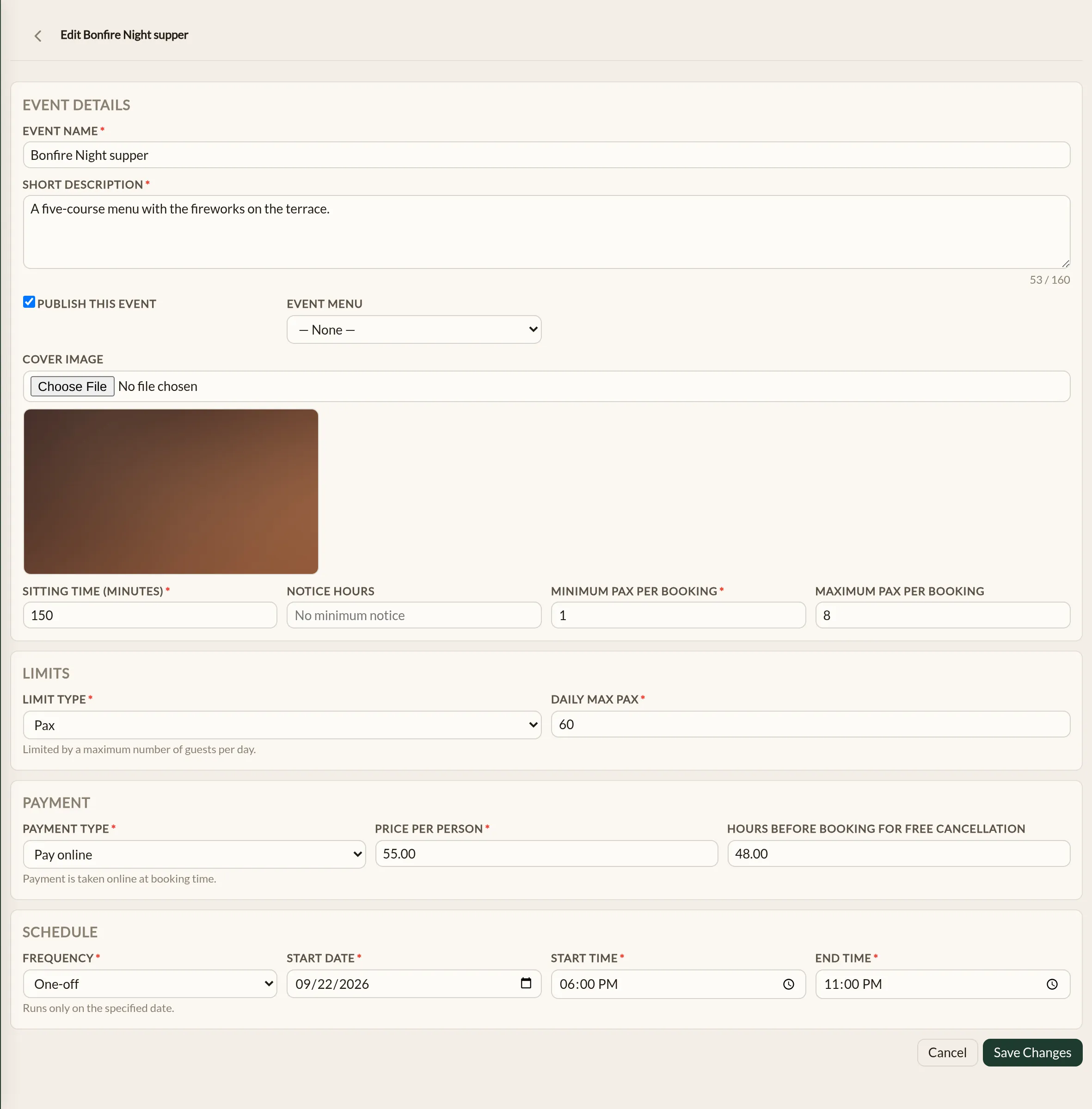 The event form in the Make a Rezzy management app, with the event's name, description, price, party size limits and payment settings