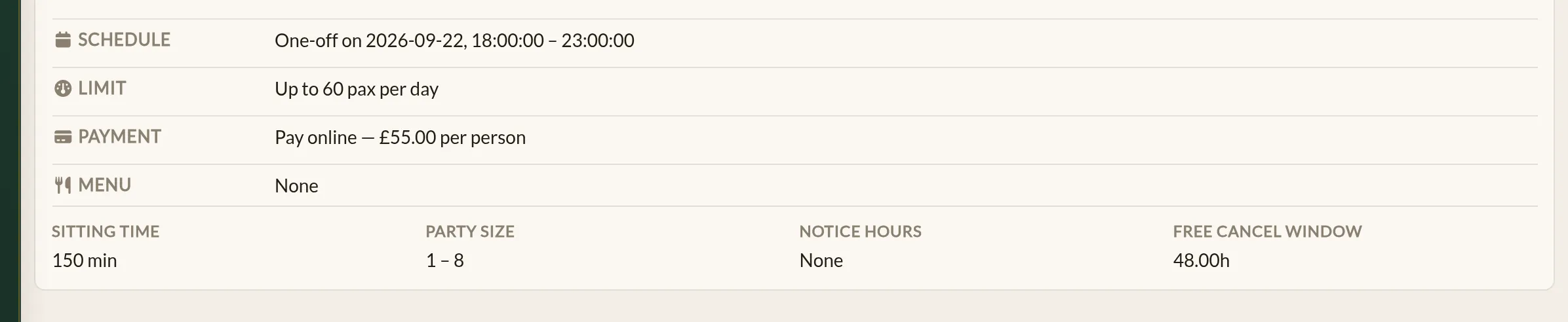 The ticketing summary of an event in the Make a Rezzy management app, showing when it runs, its cap of 60 covers a day, that it is paid online at £55 per person, and a 48-hour free cancellation window