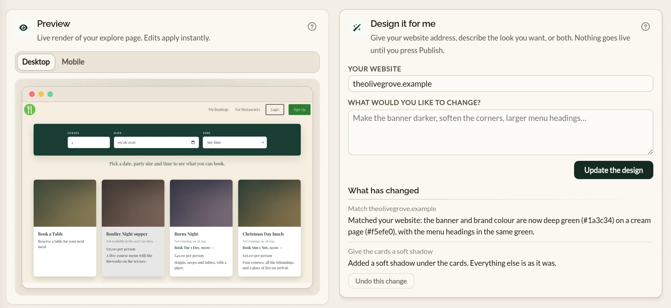 The Design it for me panel in the Explore page configurator, listing a design matched to the restaurant's website and a follow-up request for a soft shadow on the cards, beside the live preview of the listing with a deep green banner on a cream page