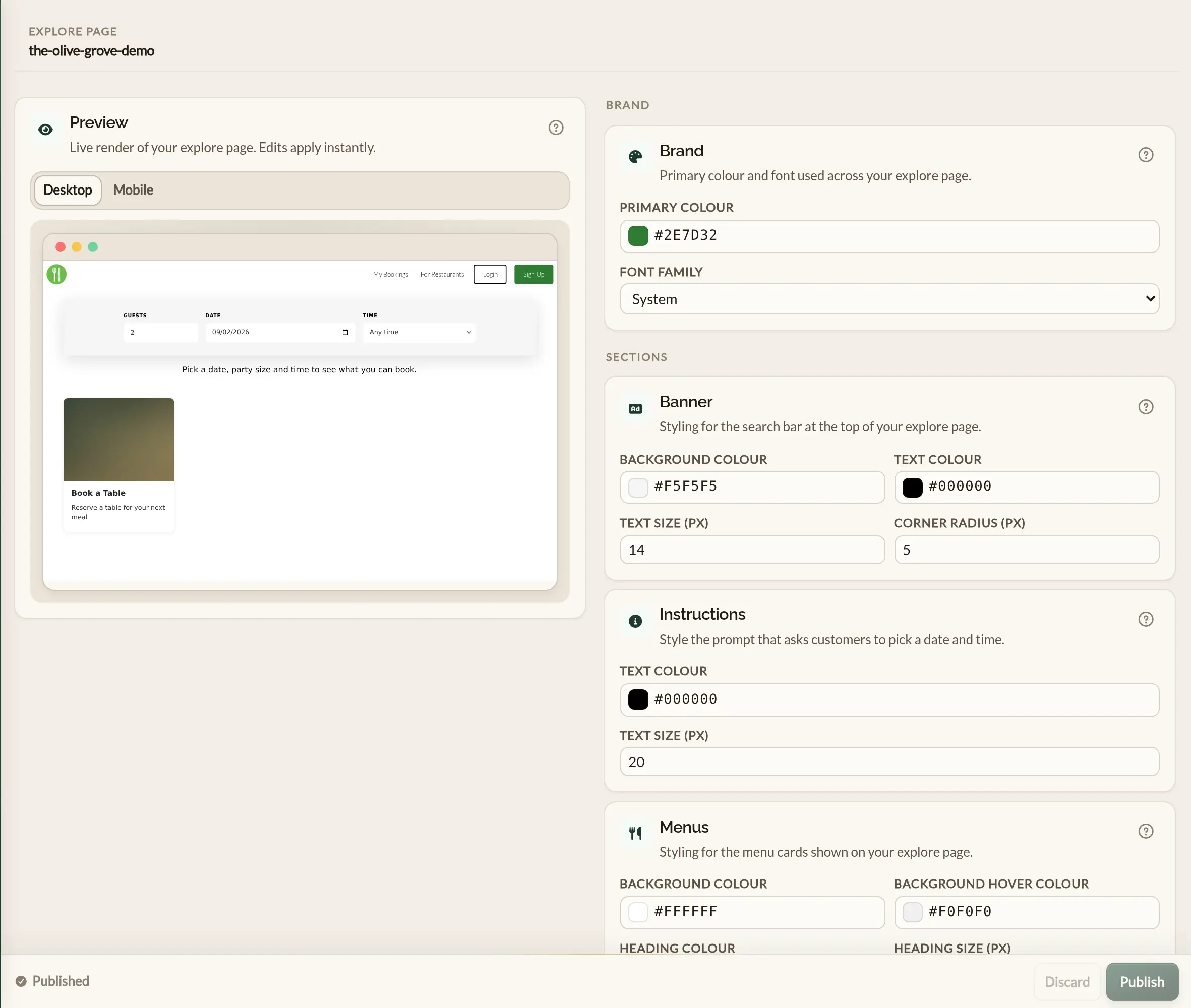 The Explore page configurator in the Make a Rezzy management app, with panels for brand, banner, instructions, menus and images down one side and a live preview of the guest-facing listing beside them