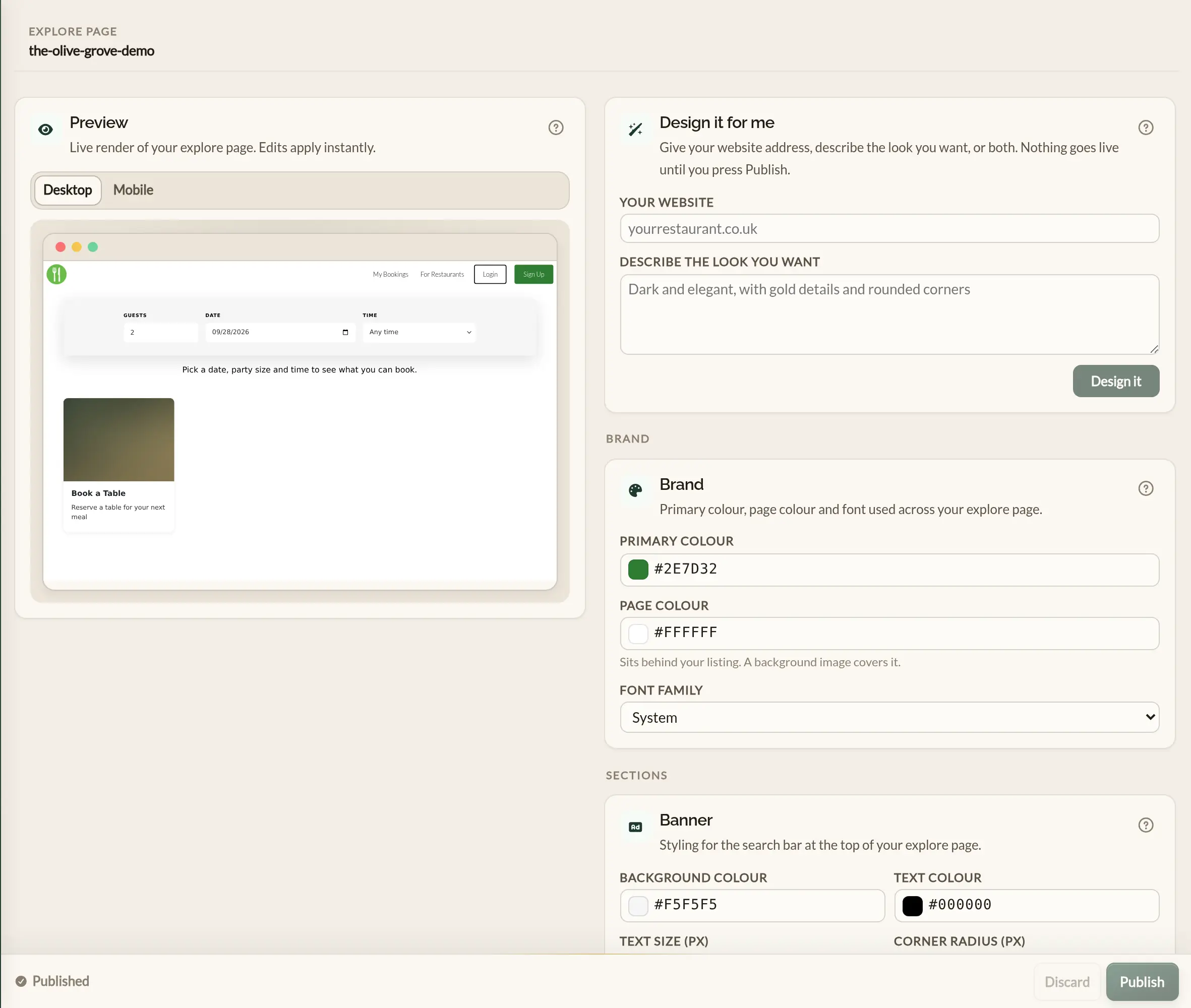 The Explore page configurator in the Make a Rezzy management app, with the Design it for me panel and the brand controls down one side and a live preview of the guest-facing listing beside them