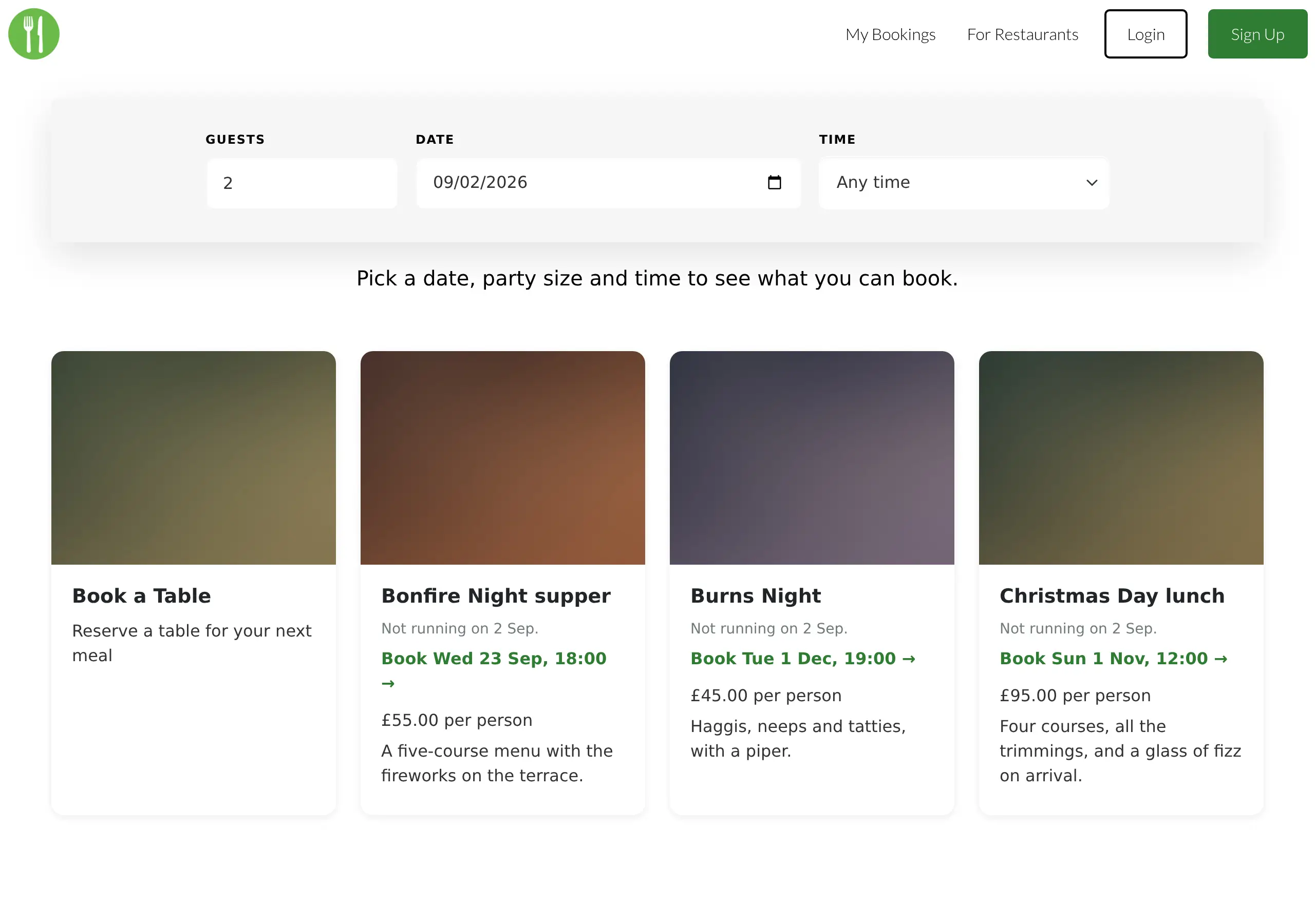 The public Explore listing for a restaurant on Make a Rezzy, showing its name, description, opening times and a form for guests to book a table