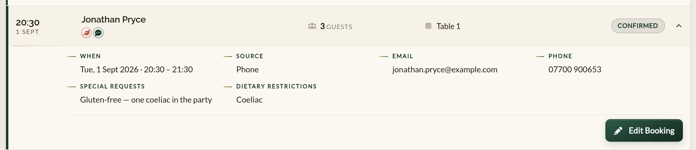 A booking opened in the Make a Rezzy Bookings list, showing the guest's name, the time and party size, how the booking was made, their contact details, and a special request about a gluten-free guest