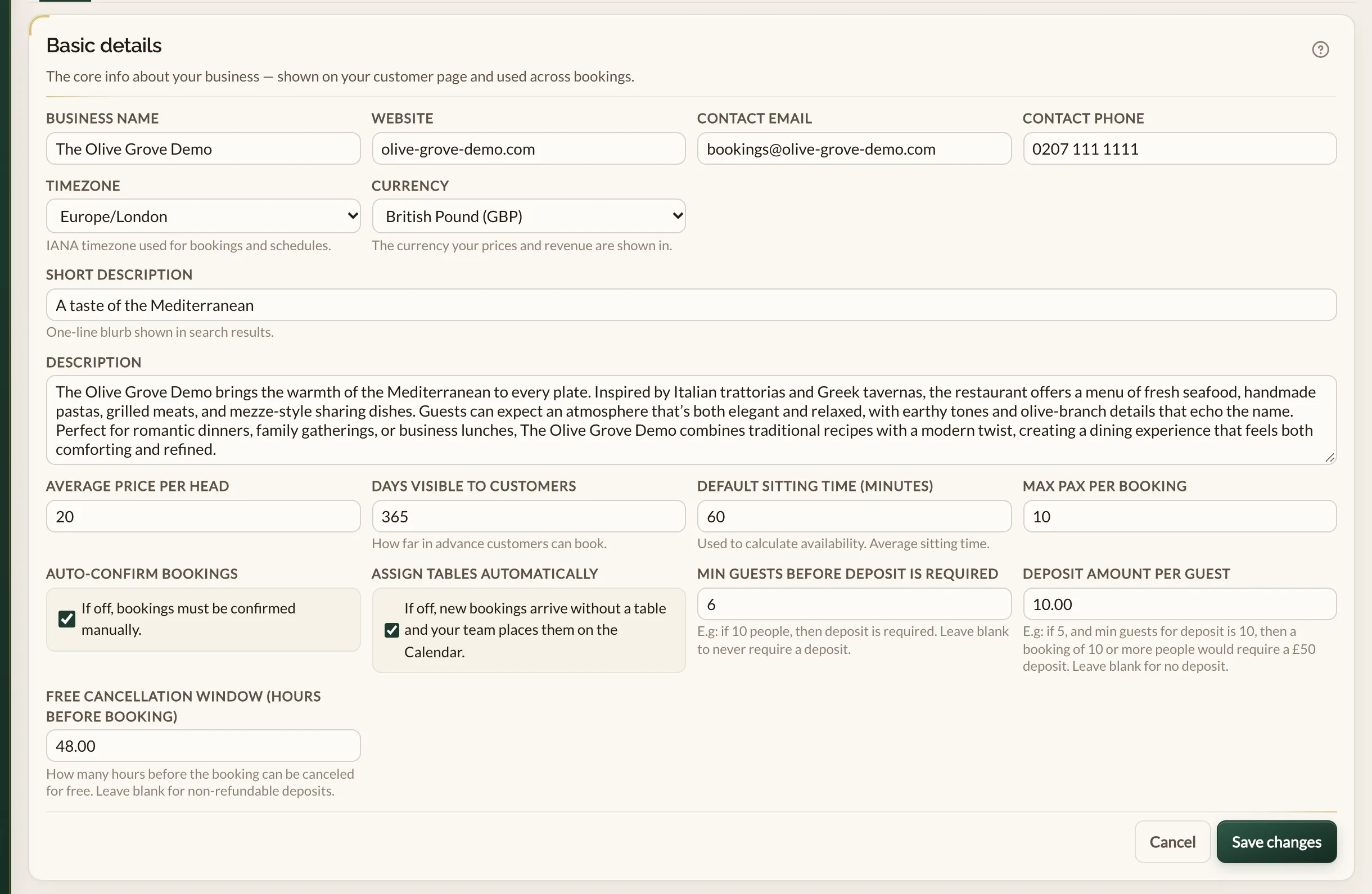 The Basic details panel of Business details in the Make a Rezzy management app, opened for editing, with fields for the business name, website, contact email, phone number, timezone and currency