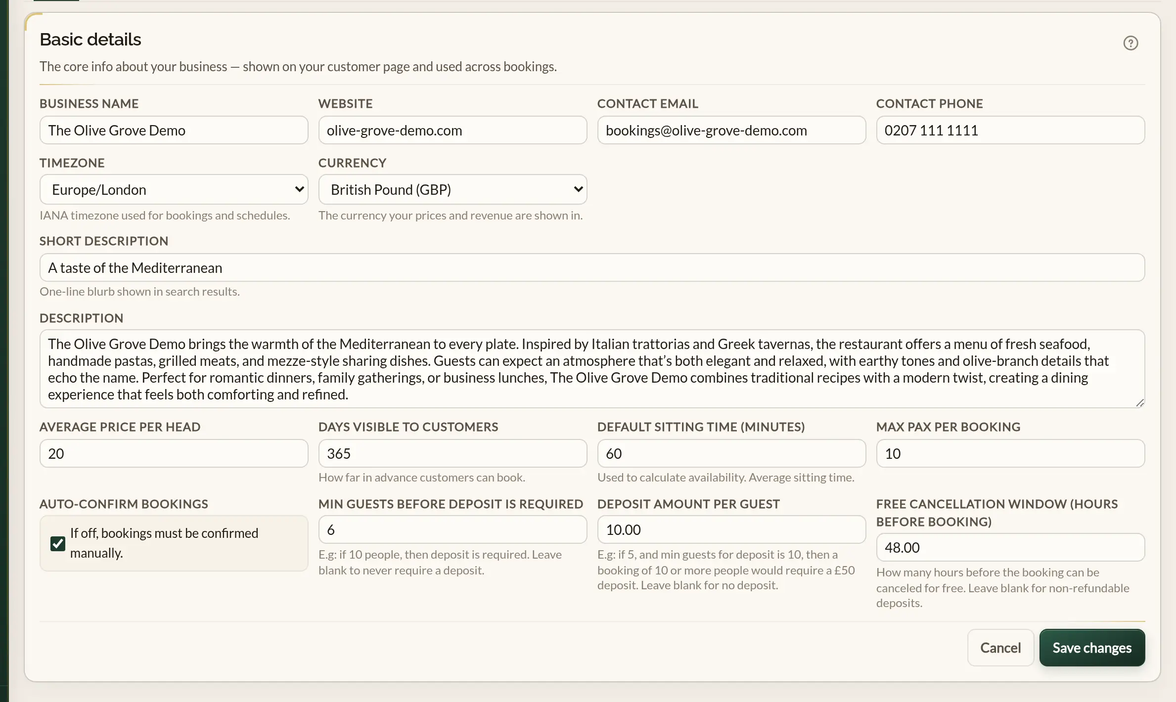The Basic details panel of Business details in the Make a Rezzy management app, opened for editing, with fields for the business name, website, contact email, phone number, timezone and currency