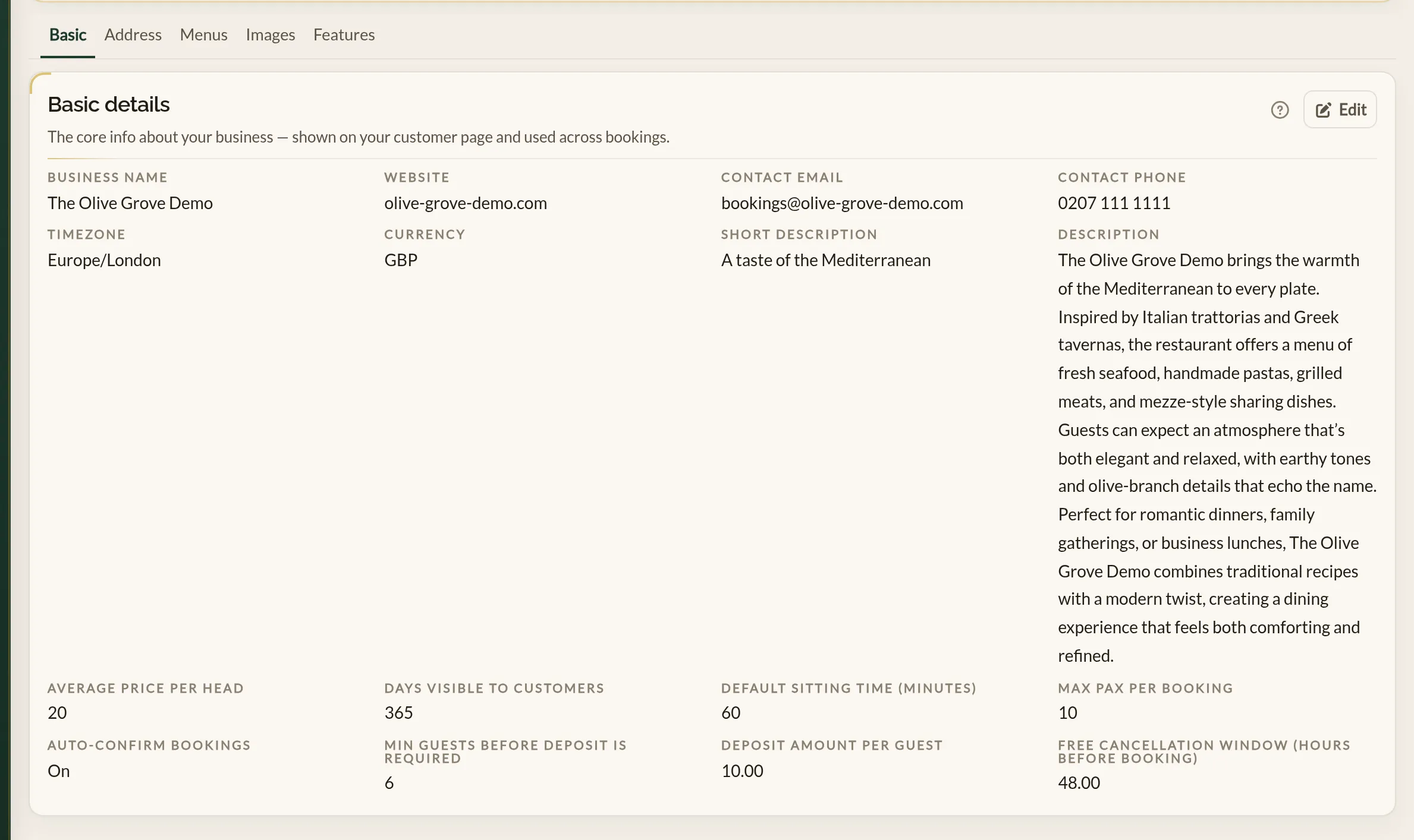 The Business details screen in the Make a Rezzy management app, showing the Basic, Address, Menus, Images and Features tabs above the Basic details panel with the business name, website, contact email, phone, timezone and currency