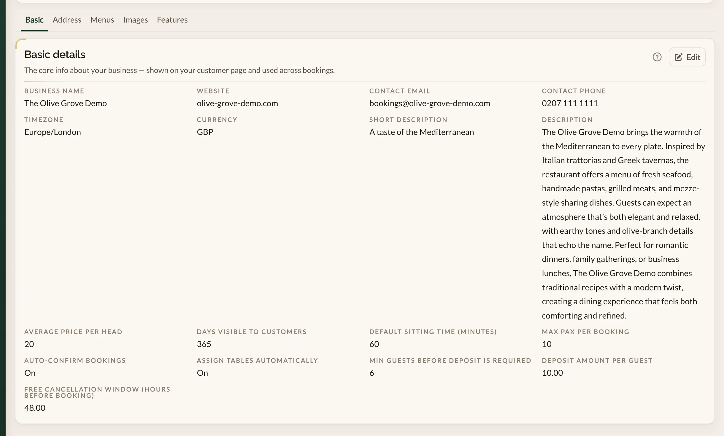 The Business details screen in the Make a Rezzy management app, showing the Basic, Address, Menus, Images and Features tabs above the Basic details panel with the business name, website, contact email, phone, timezone and currency
