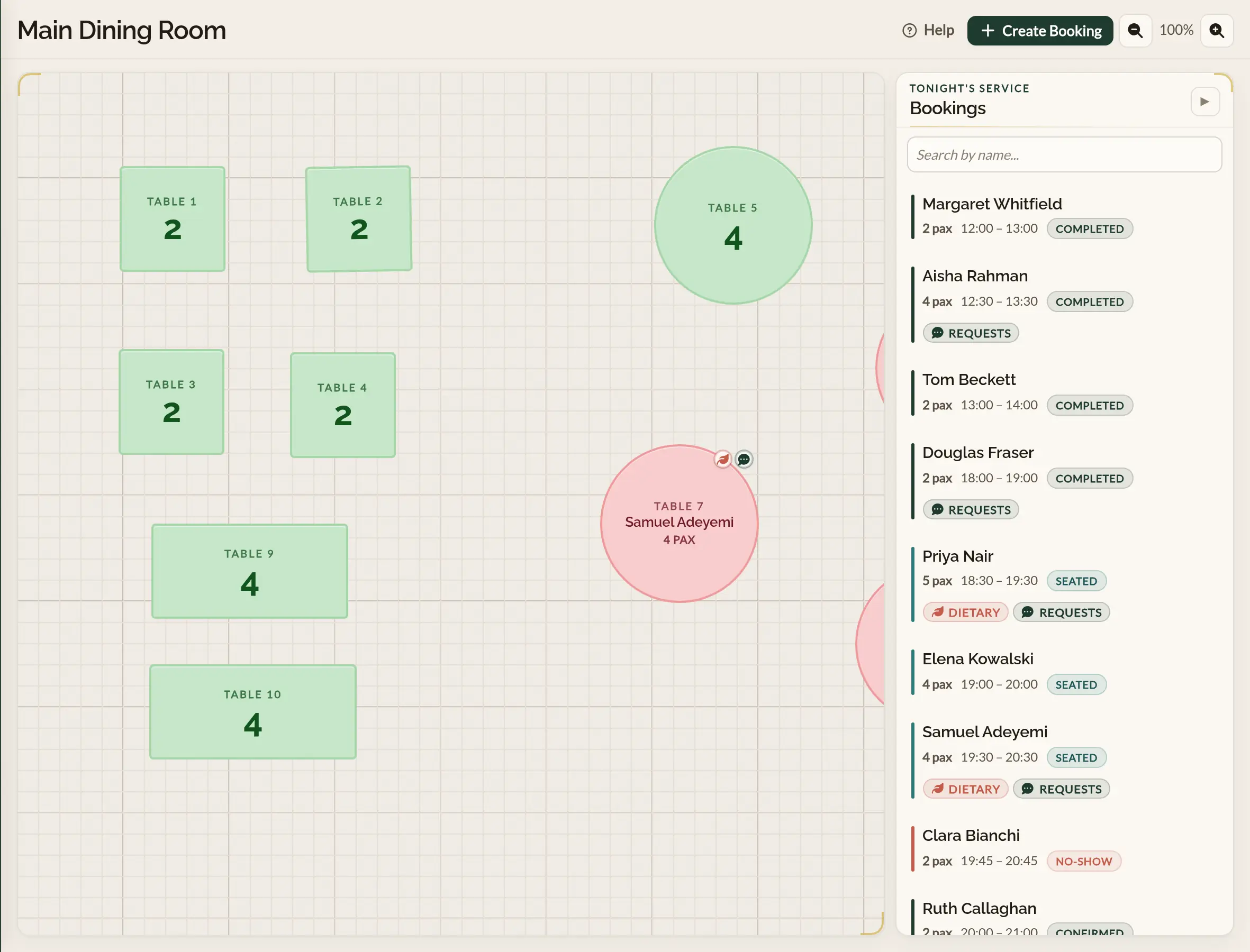 The live floor plan in the Make a Rezzy management app, showing the dining room laid out with free tables in green and an occupied table in coral labelled with the guest's name and party size, beside a list of tonight's bookings