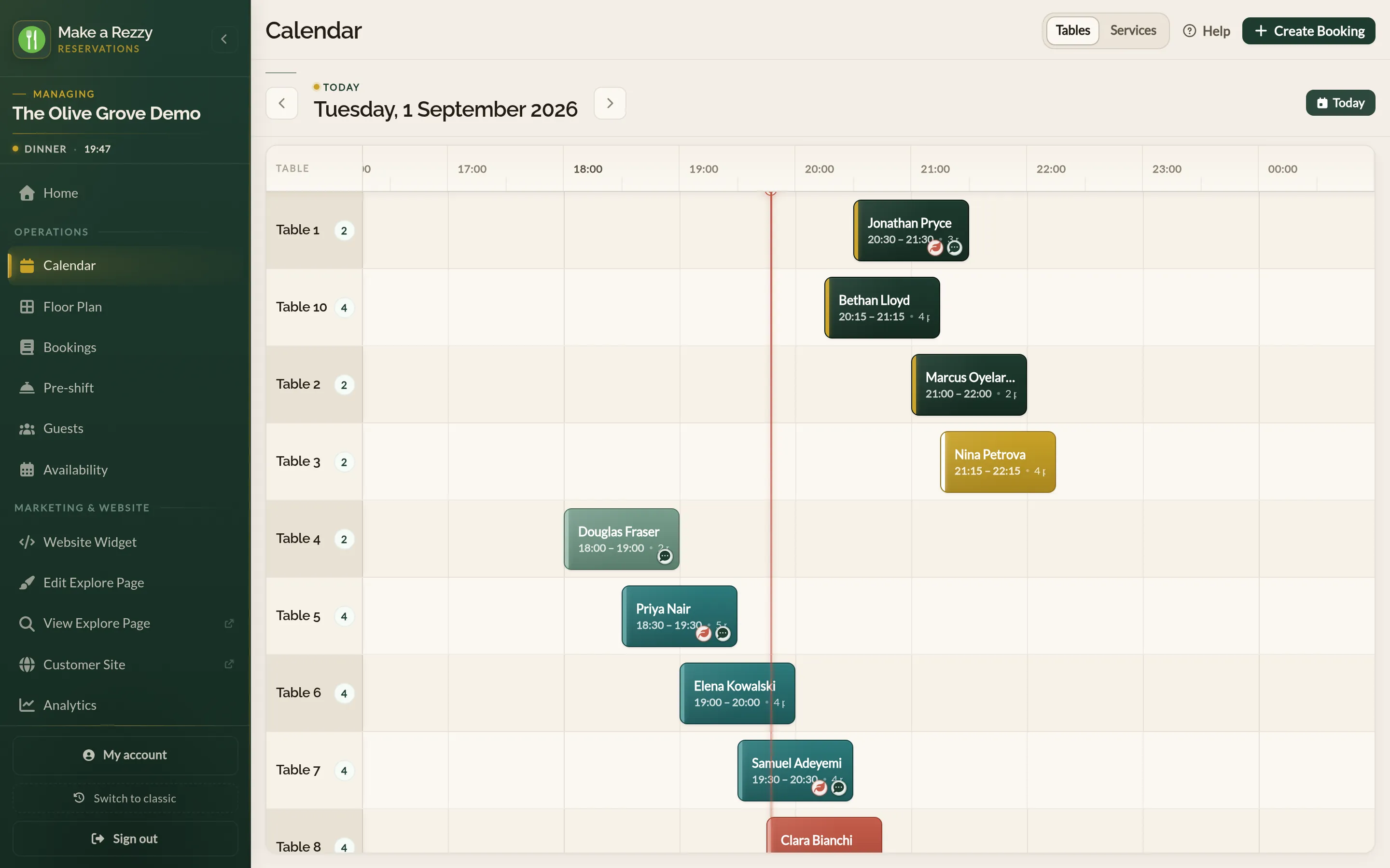The Make a Rezzy management app on a computer, showing the left-hand menu with Calendar, Floor Plan, Bookings, Pre-shift, Guests and Availability, beside a day's diary of restaurant bookings laid out against tables and times