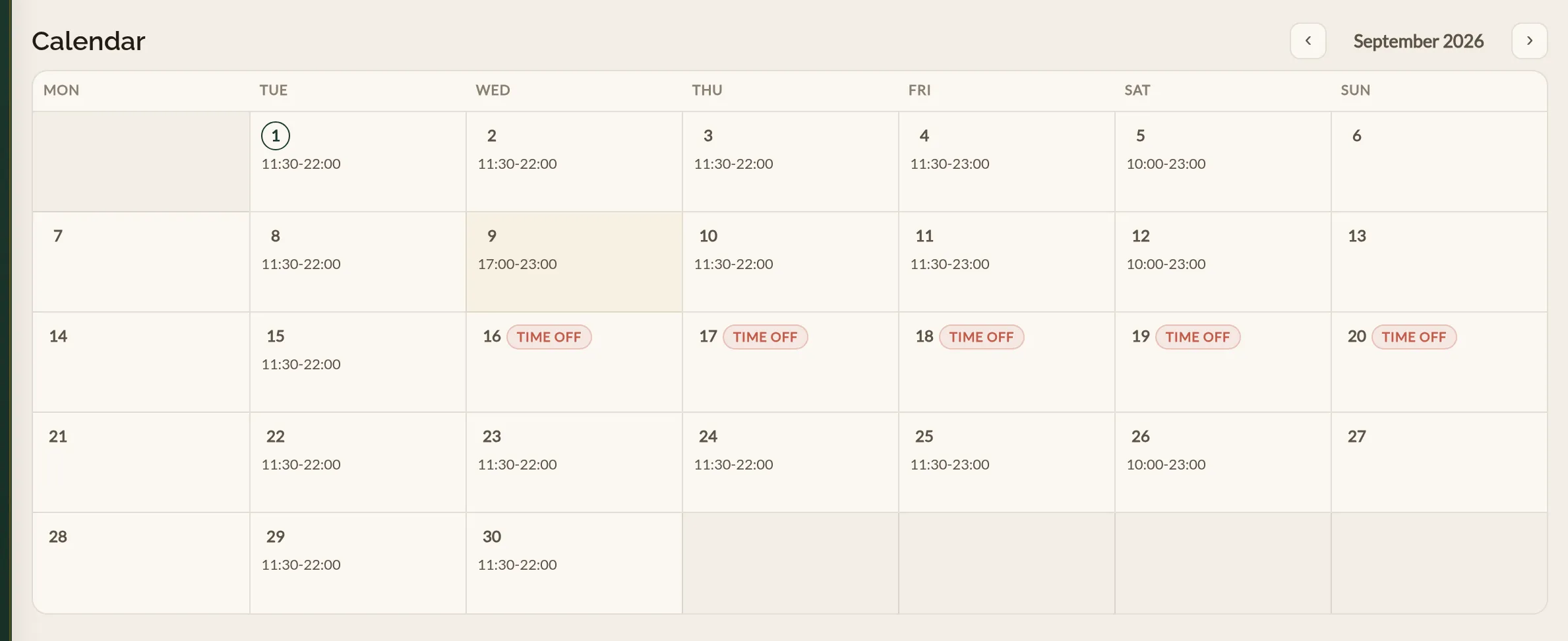 The month calendar on a team member's rota in the Make a Rezzy management app, showing each day's working hours, one day tinted amber where the hours have been changed, and a week of days marked Time off in coral