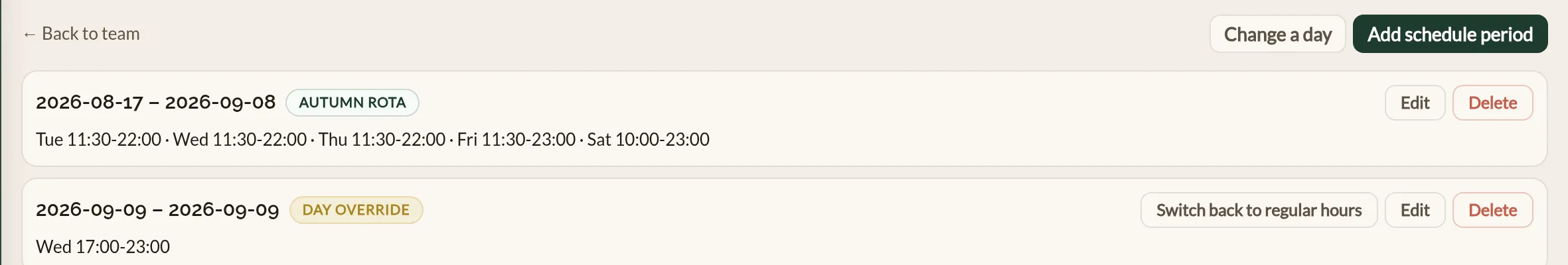 A team member's rota in the Make a Rezzy management app, showing two schedule periods with the hours worked on each day of the week, the second marked as a day override in amber with a switch back to regular hours button