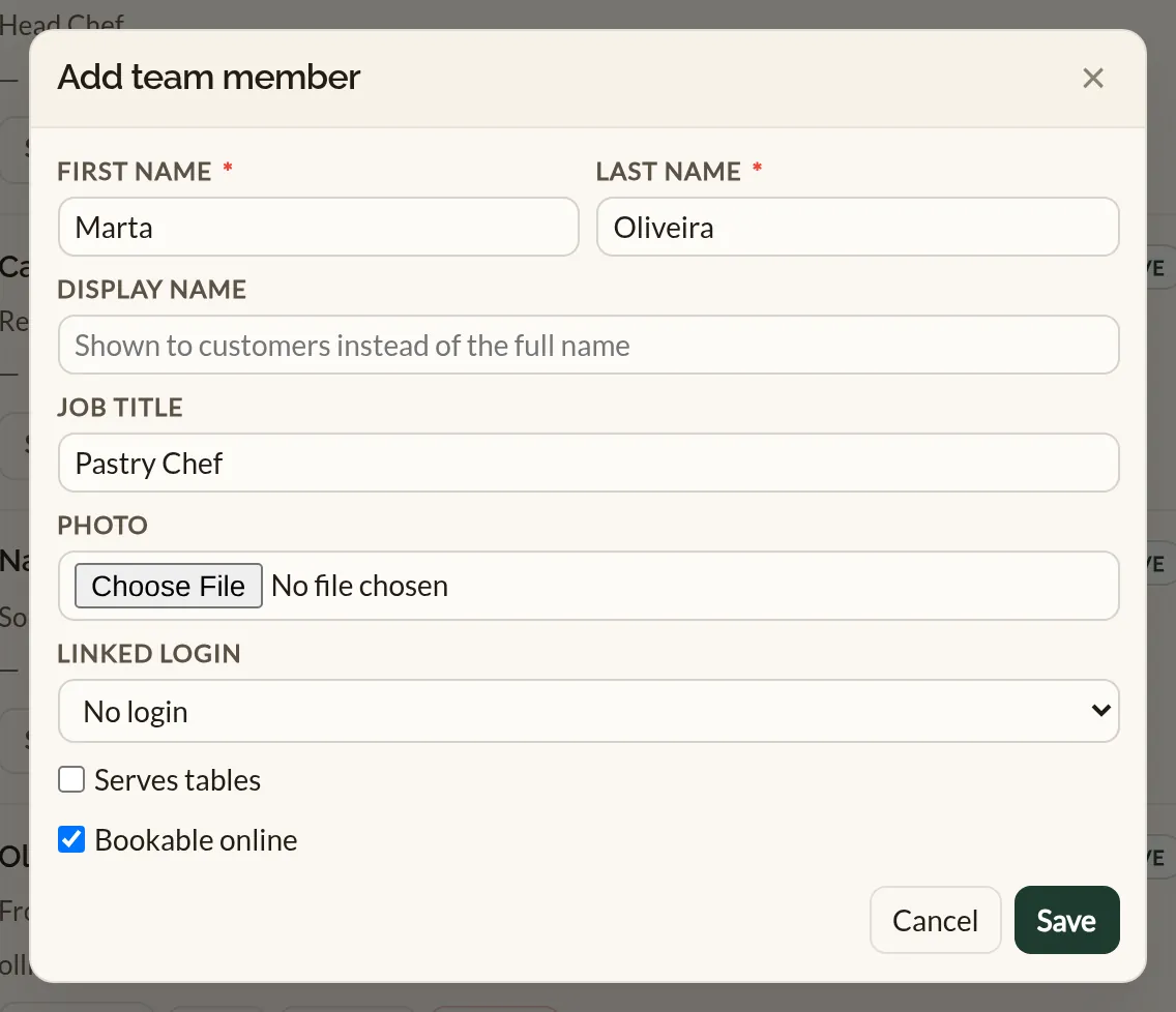 The add team member form in the Make a Rezzy management app, with the first and last name and job title filled in, and boxes below for a display name, a photo, the linked login, and whether the person serves tables and is bookable online
