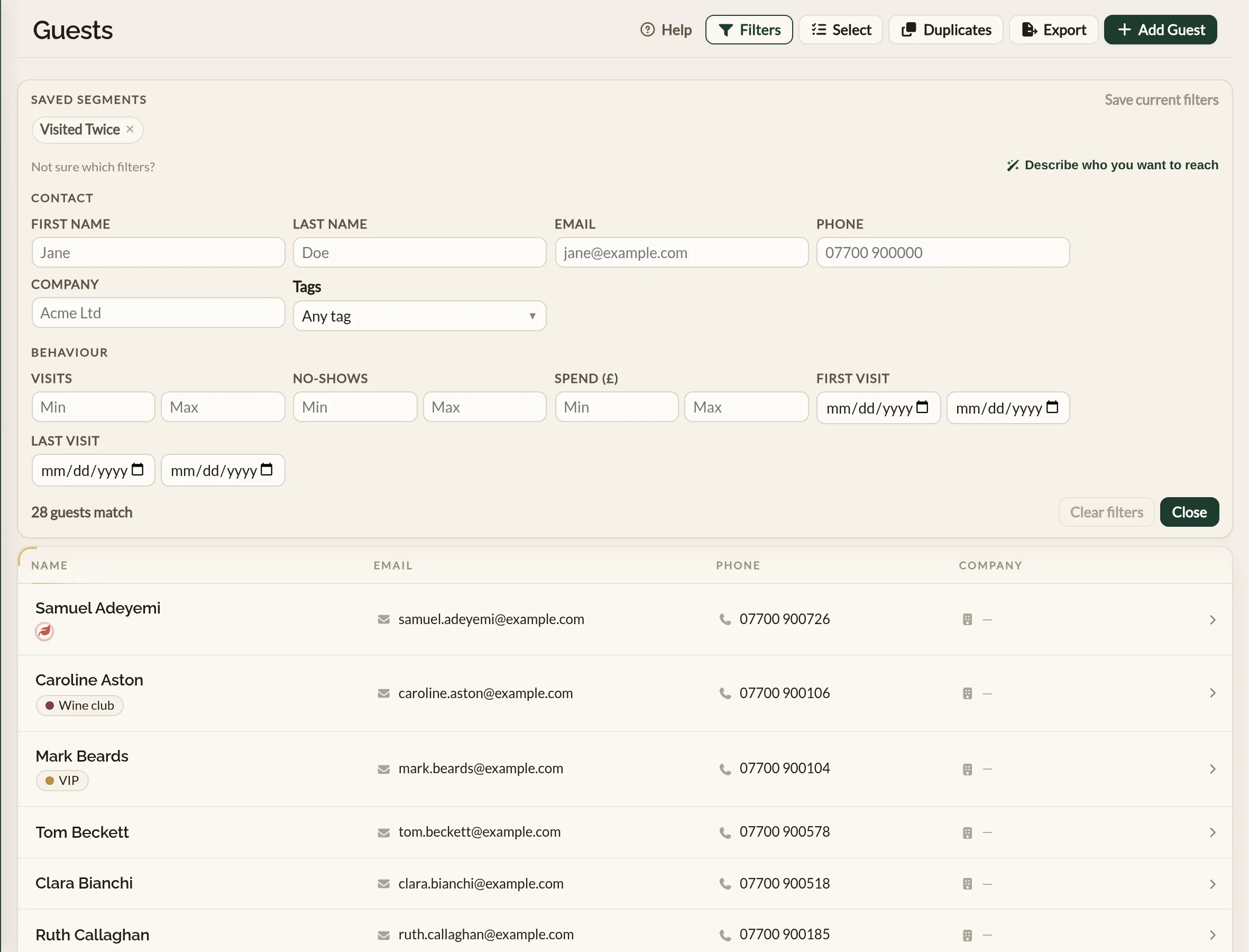 The filter panel on the Guests screen of the Make a Rezzy management app, with controls for narrowing the list by tag, visit count and last visit, including buttons above to save the filter as a segment