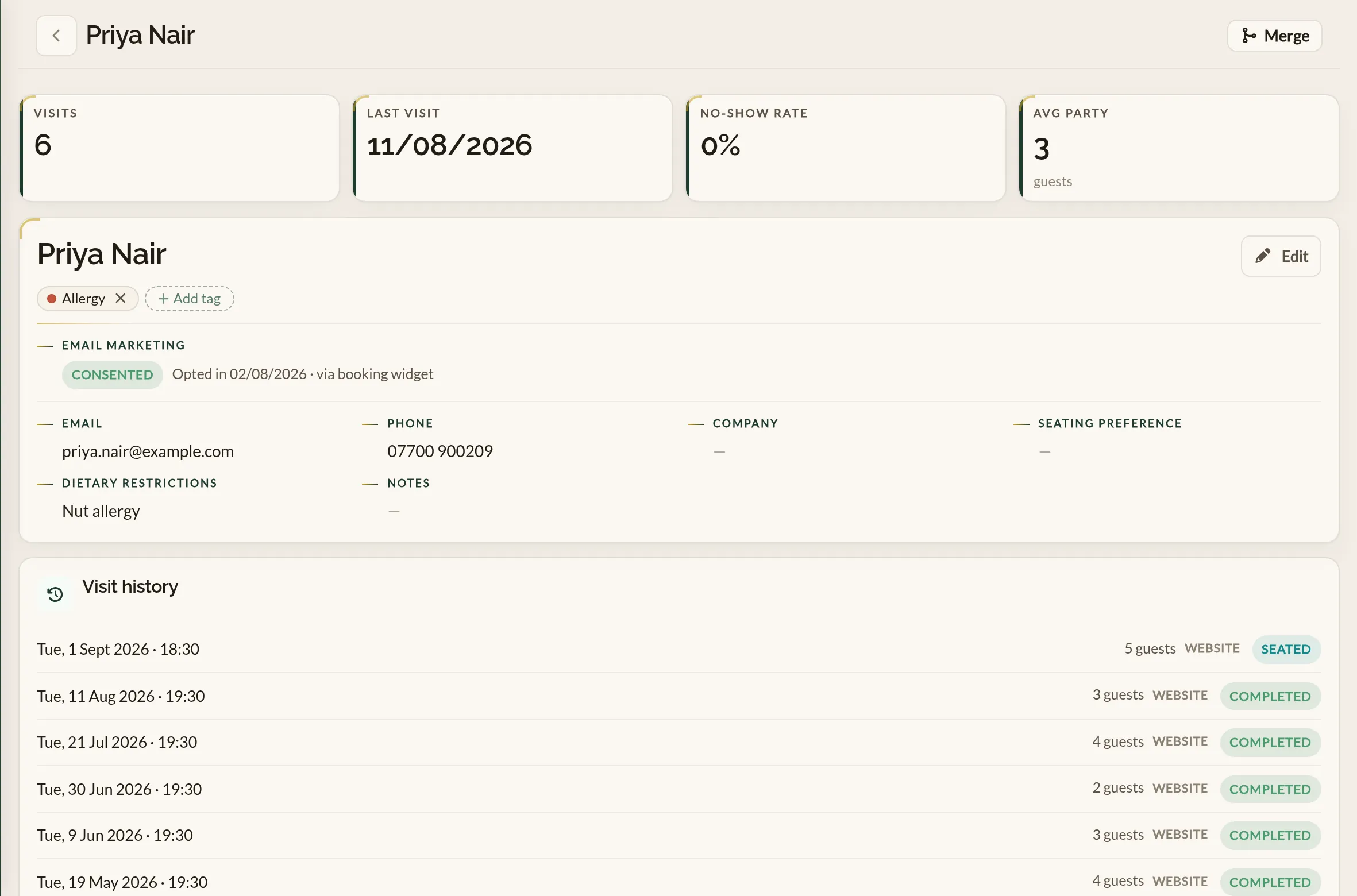 A guest profile in the Make a Rezzy management app, showing the guest's contact details, their dietary note, the tags applied to them, and a history of their previous visits