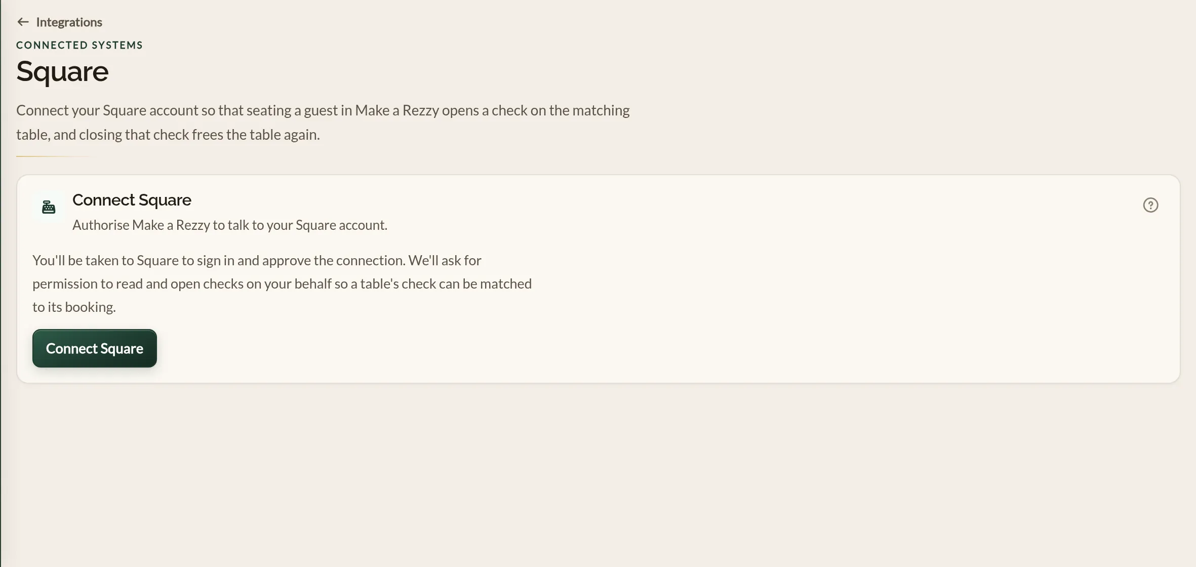 The Square settings in the Make a Rezzy management app, showing the Connect Square button a restaurant uses to link its point of sale