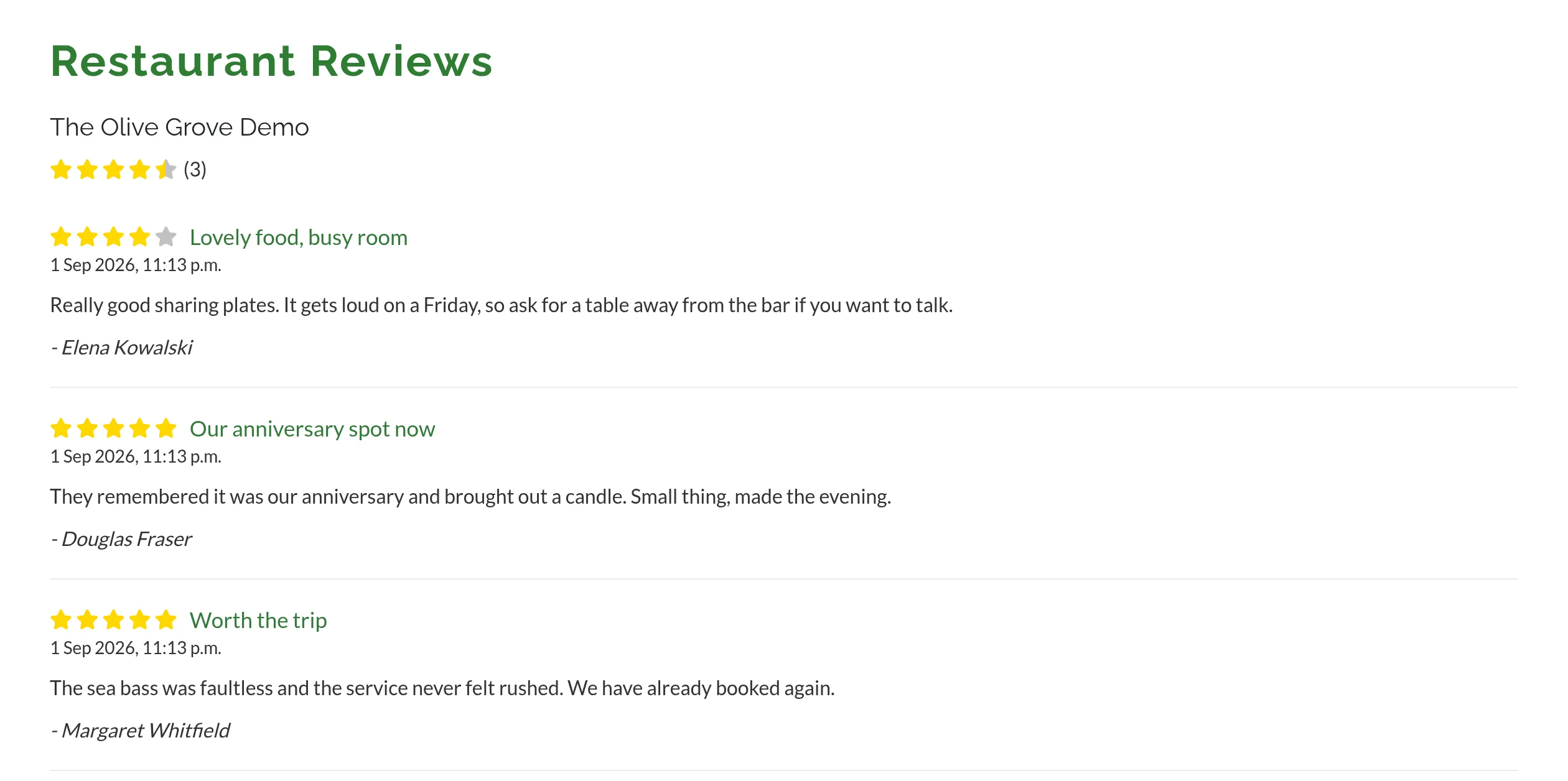 Guest reviews on a restaurant's public Make a Rezzy listing, each with a star rating, a title and a few lines about the visit