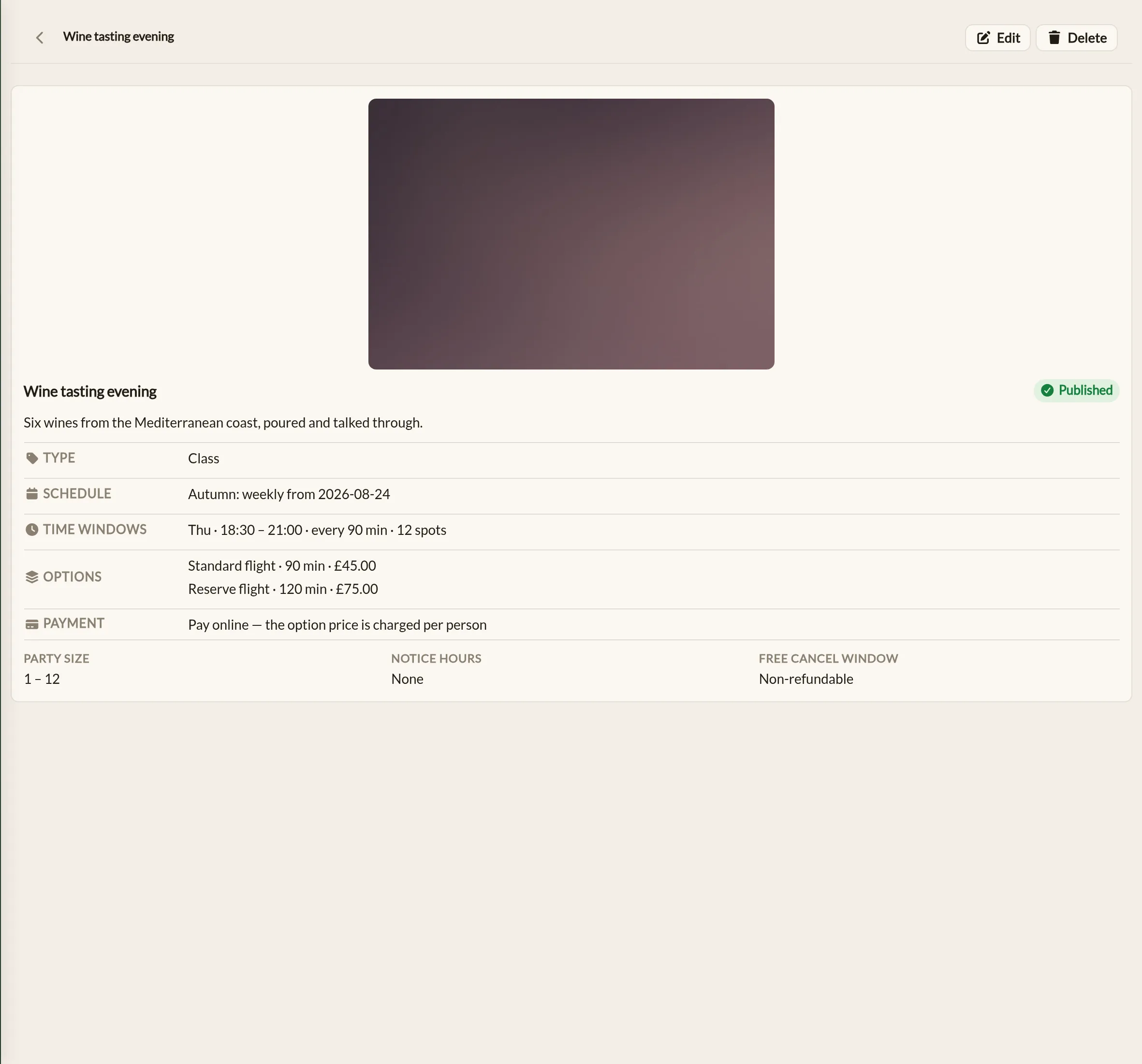 The service form in the Make a Rezzy management app, showing the service's name and description, its type, how it takes payment, and the durations and prices it can be booked at