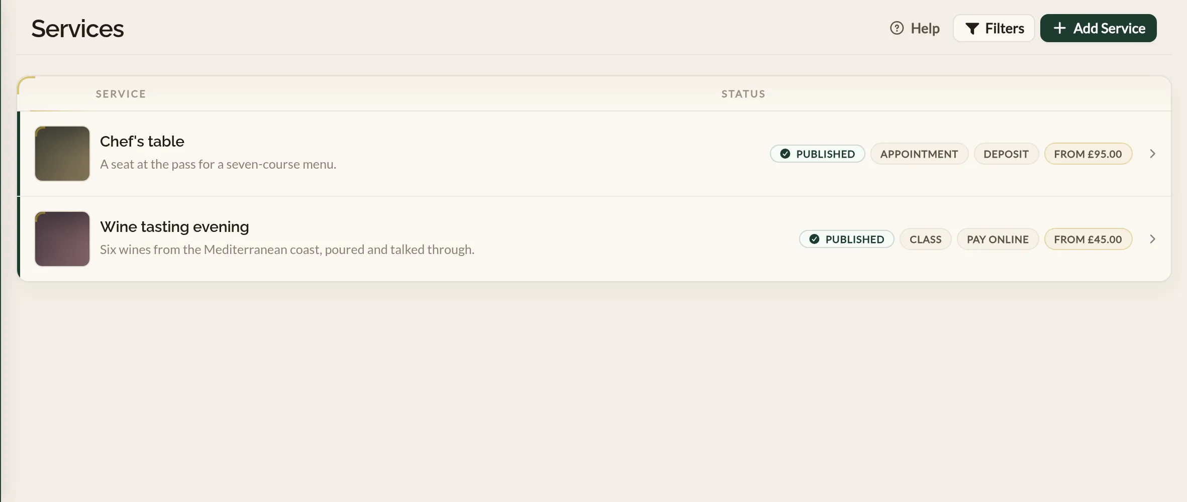 The Services screen in the Make a Rezzy management app, listing a wine tasting evening and a chef's table with labels showing whether each is an appointment or a class, how it takes payment, and its starting price