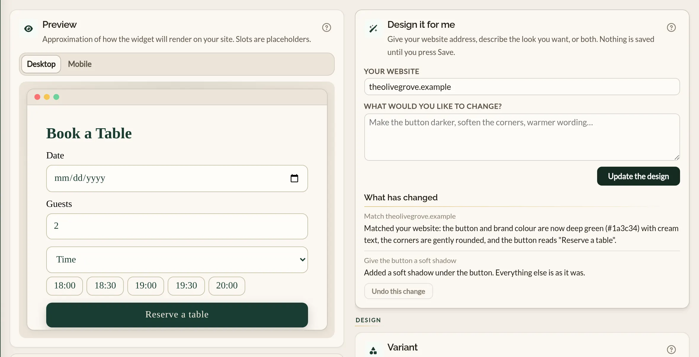 The Design it for me panel in the Make a Rezzy widget configurator, listing a design matched to the restaurant's website and a follow-up request for a soft shadow, beside the live preview of the booking widget restyled in deep green with a Reserve a table button