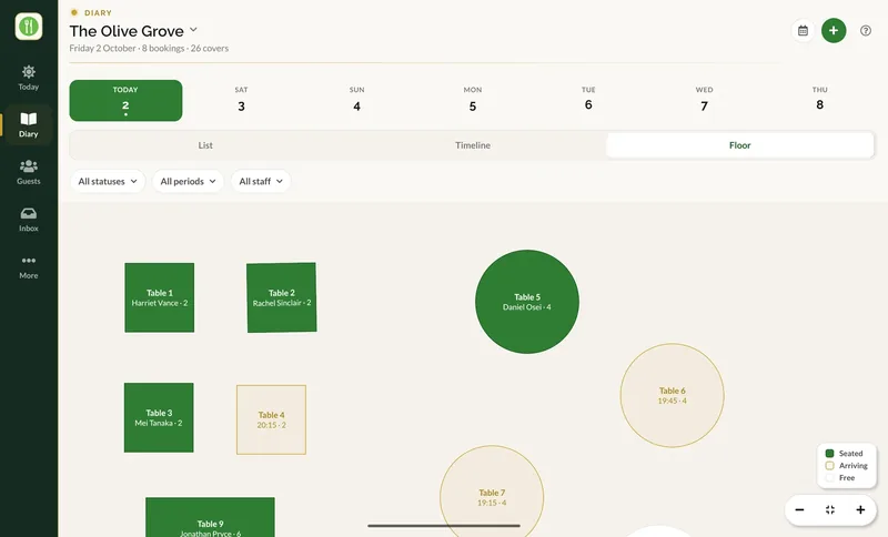 The floor view in the Make a Rezzy app on a tablet: green tables are seated with the guest's name, tables outlined in amber are arriving with their time, and white tables are free